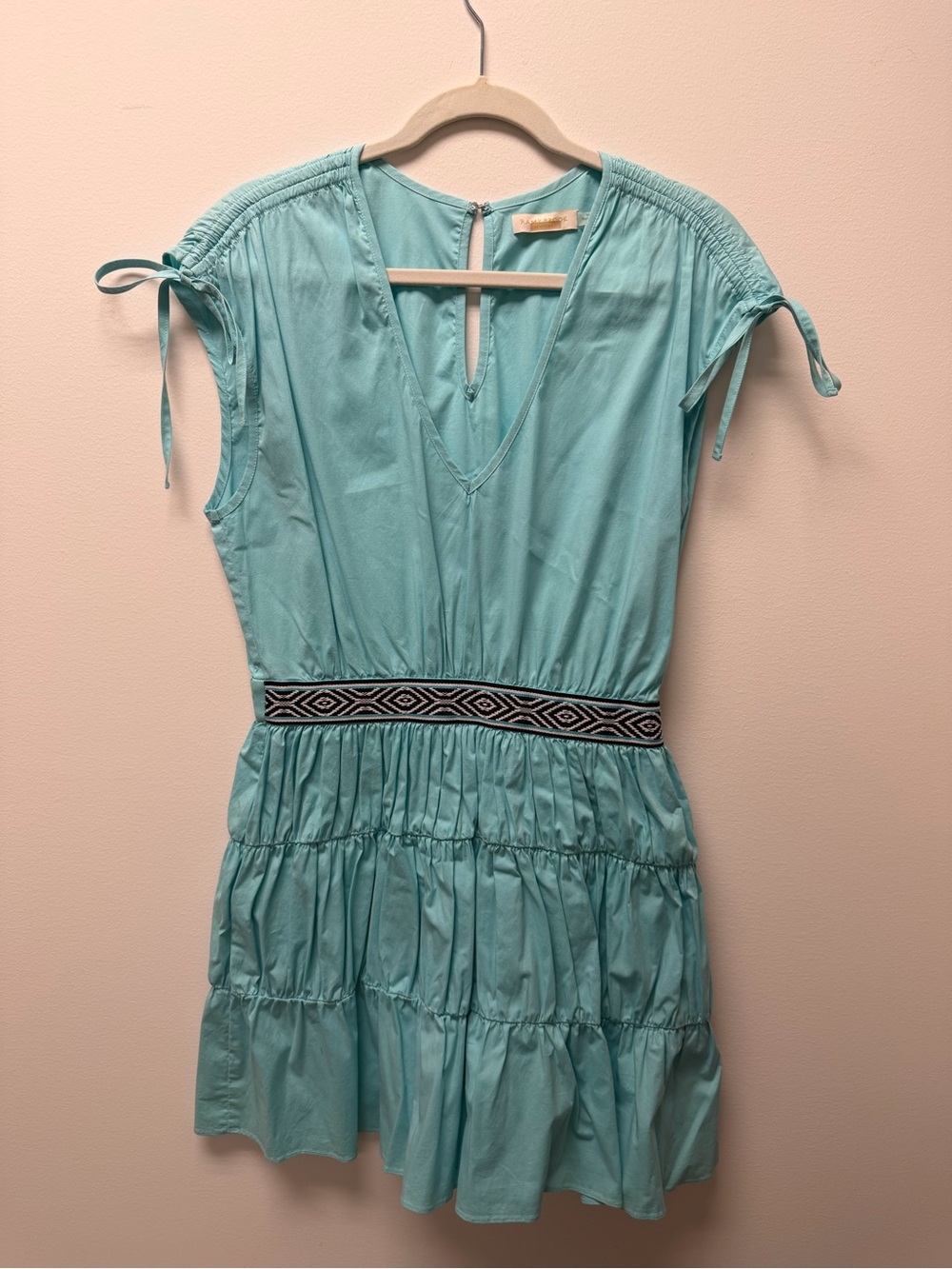Ramy Brook Light Teal Tiered V-Neck Dress with Embroidered Waistband